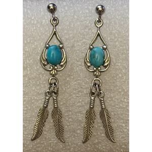Vintage Sterling Silver Kingman Turquoise Feather Dangle Earrings Southwest 2”